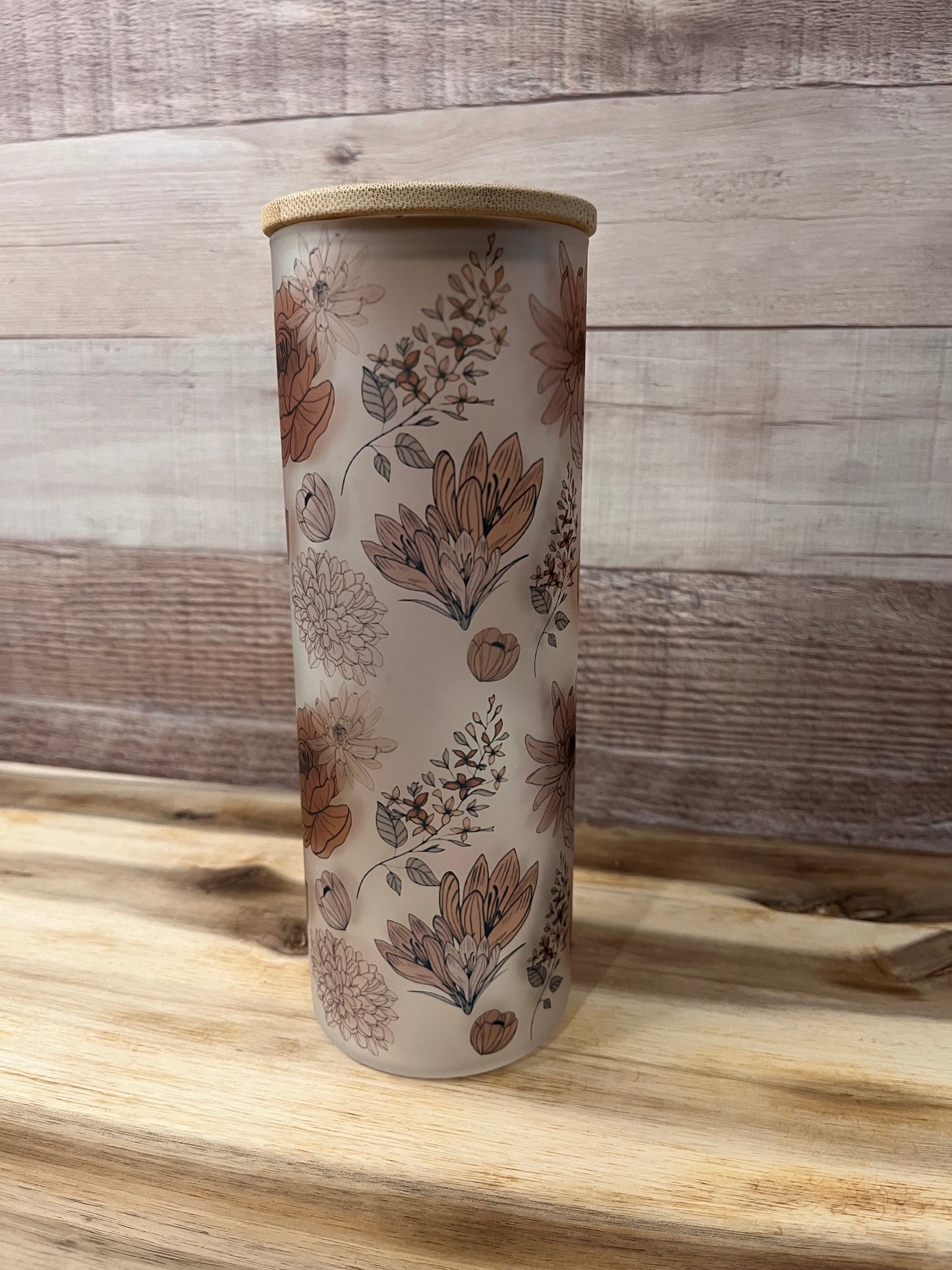 Tan Boho Floral 20 oz Glass Tumbler