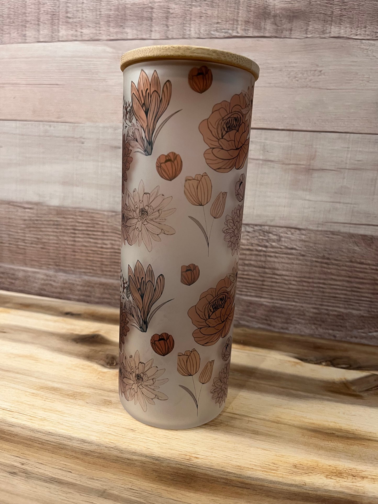 Tan Boho Floral 20 oz Glass Tumbler