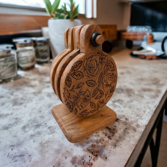 Floral Acacia Wood Coaster & Stand