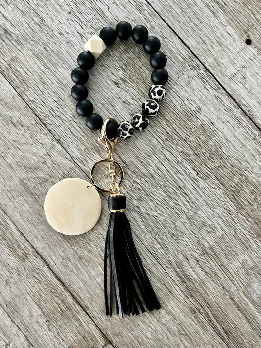 Black Leopard Silicone Beads Wristlet With Black Tassel